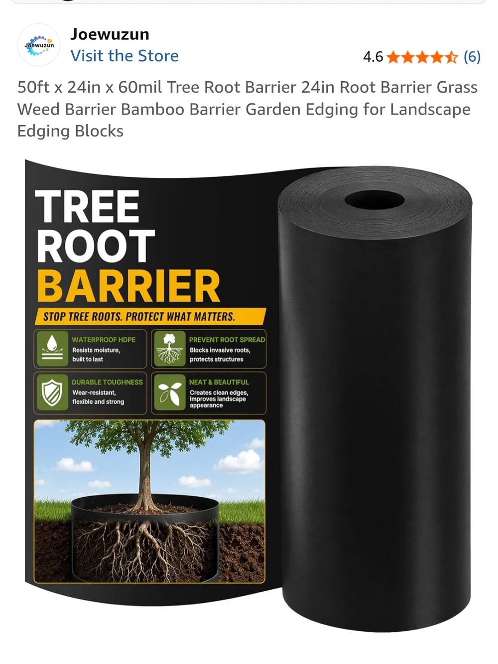 Black Tree Root Barrier - 24in x 50ft Durable Landscape Edging